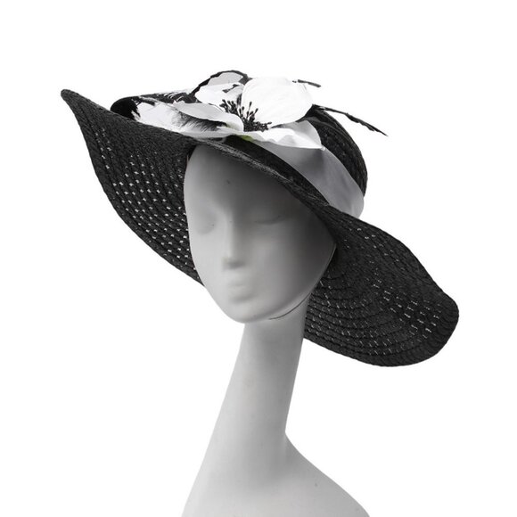 Woven Faux Straw Large Brim Hat Feathers Flowers Queens Plate Summer Black White - Picture 11 of 12